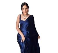 SHOPAZ Women's Ready to Wear Plain Satin Silk 1 Minute Pre Pleated Saree With Unstitched Blouse Free size Navy Blue, Navy Blue, One Size
