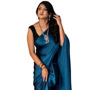 SHOPAZ Women's Ready to Wear Plain Satin Silk 1 Minute Pre Pleated Saree With Unstitched Blouse Free size Blue, Blue, One Size
