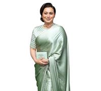 SHOPAZ Women's Ready to Wear Satin Silk 1 Minute Pre Pleated Bollywood Saree with Solid Plain Unstiched Blouse (Surf Crest Green)