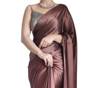 SHOPAZ Women's Ready to Wear Satin Silk 1 Minute Pre Pleated Saree Bollywood with Designer Tassels Lace (Brown), Brown, One size