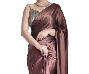 SHOPAZ Women's Ready to Wear Satin Silk 1 Minute Pre Pleated Saree Bollywood with Designer Tassels Lace (Brown), Brown, One size