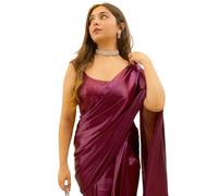 SHOPAZ Women's Ready to Wear Satin Silk 1 Minute Pre Pleated Saree Bollywood with Sequence Unstiched Blouse (Wine) Free size Wine, Wine, One Size