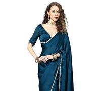 SHOPAZ Women's Regal Blue Satin Silk 1 Minute Pre Pleated Saree With Unstitched Blouse, Free Size