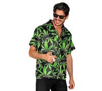 shoperama Men's Satin Hawaiian Shirt with Cannabis Print Hemp The Ganja Style Beach Party Short Sleeve JGA Stag Party Size: L/XL