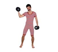 shoperama Nostalgic Men's Striped Swimsuit 1920s 1930s Weightlifter Clown Artist Retro Historical Bachelor Party, Colour: Red/White, Size: 6/M