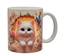 Shopi Zone Adorable White Kitten Ceramic Mug with Flowers and Butterfly - Cute and Natural Art Design for Coffee or Tea - Creative Gift for Cat Lovers and Collectors