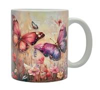 Shopi Zone Ceramic Mug with Pink Butterflies and Wildflowers - Artistic Style, Smooth Nature and Lovely Fantasy