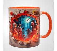 Shopi Zone Halloween Urban Horror Ceramic Mug - Design with Vampires, Mummies and Pumpkins | Original Ceramic Mug with Orange Interior for Horror and 3D Art Lovers
