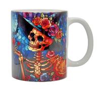 Shopi Zone Original Ceramic Mug - Skeleton with Rose Hat and Pumpkin - Artistic Stained Glass Design - Halloween and Day of the Dead - Unique Gift