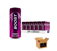 Shopior Carbonated Energy Drink with Taurine, Caffeine & B Vitamins - Vegan, Gluten Free & Low Calorie Refreshing Soft Drink for Work, Sports & Gym (Boost Energy Sour Cherry - 250ml x 24 Cans)