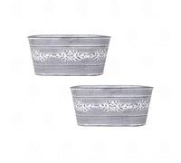 shopior Leafy Vine Tin Trough 24cm - Zinc Oval Galvanised Metal Planter with Embossed Leaf Design | Rustic Grey Decorative Indoor Outdoor Plant Pot for Herbs & Flowers | Garden, Window (Pack 2)