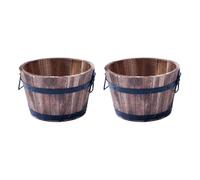 shopior Rustic Round Burnt Wood Whiskey Barrel Planter - Outdoor Wooden Garden Plant Pot with Handles - Weatherproof Flower Tub with Drainage - Decorative Patio & Balcony Planter (24cm 9inch 2Pack)