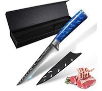shoplease Professional 6-Inch Boning Knife, Blue Resin Handle, Damascus Pattern Blade, Sharp Hand-Edged Steel with Perfect Balance Pinch Point, for Meat Deboning, 15.3cm Blade Length
