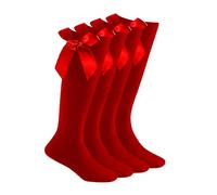 ShopMCR 2 Pairs Girls Cotton Knee High School Socks with Fluffy Ribbons Bow, Back to School Uniform Party Wear Long Socks