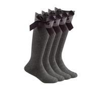 ShopMCR 2 Pairs Girls Knee High School Socks With Fluffy Ribbons Bow, Cotton Back to School Uniform Party Wear Long Socks (2P, Grey, 4-6)