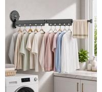 Shopnbits Wall Mounted Clothes Drying Rack Foldable Aluminium Airer Telescopic Laundry Rail Space Saving Grey