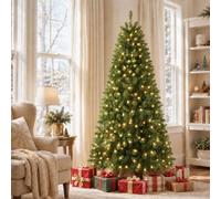 SHOPNEW 7FT Pre-lit Artificial Christmas Tree with Warm White Lights | Artificial Classic Spruce Christmas Tree,Indoor Xmas Tree with Foldable Metal Stand,Perfect Choice for Xmas Decoration