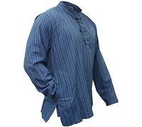 SHOPOHOLIC FASHION Blue Mix Dharke Stripes Grandad Shirt Lightweight Comfy Traditional Boho Hippy Shirts, L