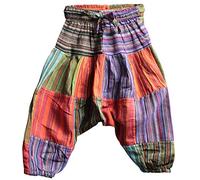 SHOPOHOLIC FASHION Children's Boho Cotton Loose Harem Pants High Rise Drawstring Hippie Striped Drop Crotch Comfy Pants (3XL,Patch)