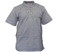 SHOPOHOLIC FASHION Men’s Hemp Cotton Grandad Short Sleeve Shirt, Boho Lace-Up Neck with Wooden Beads, Casual Summer Beach & Festival Top (XL,Dark Grey)