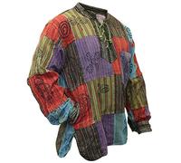 SHOPOHOLIC FASHION Men’s Stonewashed Blocked Criss Cross Neck Hippie Festival Grandad Shirt (3XL) Multicoloured