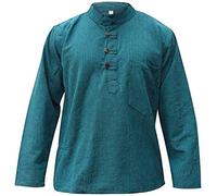 SHOPOHOLIC FASHION Plain Hemp Fabric Band Collar Hippy Grandad Shirts for Men, Turquoise, M