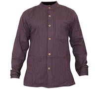 SHOPOHOLIC FASHION Stripe Grandad Shirt for Men, Handloomed Cotton Long Sleeve Band Collar Hippie Clothes, Purple, L