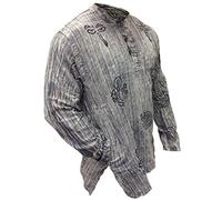SHOPOHOLIC FASHION Unisex Stonewashed Striped Light Weight Hippy Grandad Shirt, L.Grey, L