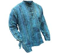 SHOPOHOLIC FASHION Unisex Stonewashed Striped Light Weight Hippy Grandad Shirt, Turquoise, 3XL