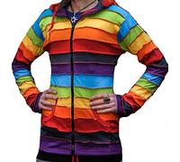 SHOPOHOLIC FASHION Women's Colourful Bright Rainbow Stripe Long Pixie Hooded Festival Jacket, S