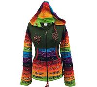 SHOPOHOLIC FASHION Women's Patchwork Pixie Hood Rainbow Pattern Jacket, Hippy, Green, S