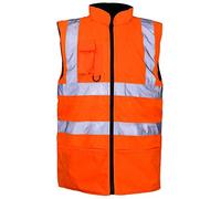 ShopOnline Hi-Viz Vis High Visibility Fleece-Lined Waterproof Reversible Body Warmer Reflective Stripe Gilet Waistcoat Sleeveless Jacket (Small, Orange)