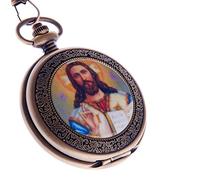 ShoppeWatch Jesus Christ Pocket Watch Quartz with Chain Full Hunter Bronze Case Arabic Numerals PW-49