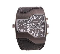 ShoppeWatch Mens Large Dial Watch Dual Time Display Quartz Black Unique Dial Leather Band OM-167