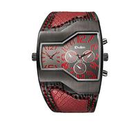 ShoppeWatch Mens Large Dial Watch Dual Time Display Quartz Black Unique Dial Red Leather Band OM-169