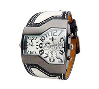 ShoppeWatch Mens Large Dial Watch Dual Time Display Quartz White Unique Dial Leather Band OM-168
