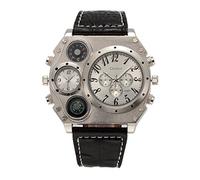 ShoppeWatch Mens Oversized Wrist Watch Dual Time Display Quartz Black Leather Band White Dial OM-215