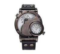 ShoppeWatch Mens Oversized Wrist Watch Sports Dual Time Quartz Black Leather Band White Dial OM-216