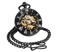 ShoppeWatch Mens Pocket Watch and Chain | Wind Up Pocket Watch | Open Face Transparent Mechanical Movement Pocketwatch and Chain | 1920s Railroad Steampunk Costume Accessory PW11