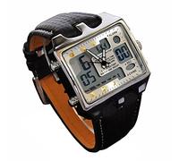 ShoppeWatch Mens Soccer Referee Watch Big Square Face LED Dual Time Analog Digital Light Up Dial Stopwatch Leather Band Reloj Deportivo para Hombre Cronometros Wacht OH112