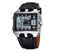 ShoppeWatch Mens Soccer Referee Watch Big Square Face LED Dual Time Analog Digital Light Up Dial Stopwatch Leather Band Reloj Deportivo para Hombre Cronometros Wacht OH111