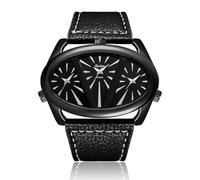 ShoppeWatch Unique Mens Watch Large Dial Triple Time Display | Quartz Movement Leather Band | Big Face Watch for Men | Oversize Dress Watch | Black OM-163