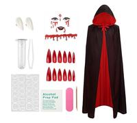 SHOPPGO Halloween Vampire Set, 140cm Vampire Cloak, 4 In 1 Pack Adult Vampire Costume with Halloween Face Stickers, 15mm vampire Teeth Fangs, halloween Nails False, Create a Classic vampirelook