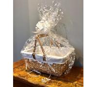 Shopping Basket Split Willow Wicker Hamper kit with Lining includes Cellophane & Bow Buff or White Picnic Storage Gift with Folding Handles (Buff)