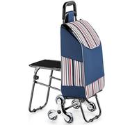 Shopping Cart with Seat for Climbing Stairs - Portable Trolley with Wheels for Grocery Utility - Folding Rolling Cart