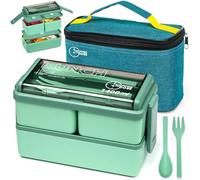 Shopping Dose Bento Box, 1400ml Stackable 2 Layer Leak Proof Bento Lunch Box with Insulated Bag & Cutlery, 3 Removable Compartment Lunch Box Adults, Kids & Office, Microwavable Lunchbox (Green)
