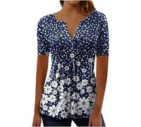 Shopping Online 2024 Summer T Shirts for Women UK Short Sleeve Button Up V Neck Tops Trendy Pleated Henley Tunic Shirts Dressy Casual Butterfly Floral Print Blouse Ladies Elegant Going Out Tee
