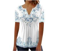 Shopping Online 2024 Summer T Shirts for Women UK Short Sleeve Button Up V Neck Tops Trendy Pleated Henley Tunic Shirts Dressy Casual Butterfly Floral Print Blouse Ladies Elegant Going Out Tee