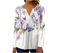 Shopping Online Blouses for Women UK Fall Casual Long Sleeve Button Up V Neck Henley Shirts 2024 Fashion Floral Butterfly Graphic Tunic Tops Ladies Elegant Pleated Going Out T-Shirts