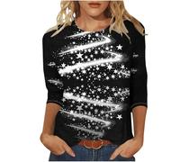 Shopping Online Christmas 3/4 Sleeve Shirts for Women UK 2024 Fashion Crewneck Tunic Tops Funny Sparkly Glitter Xmas Tree Print Blouse Dressy Casual Lightweight Loose Fit Tee Shirts